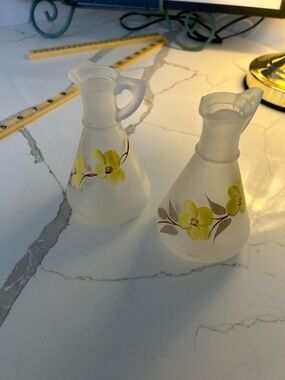 Frosted Glass Cruet Pair with Yellow Floral Detail